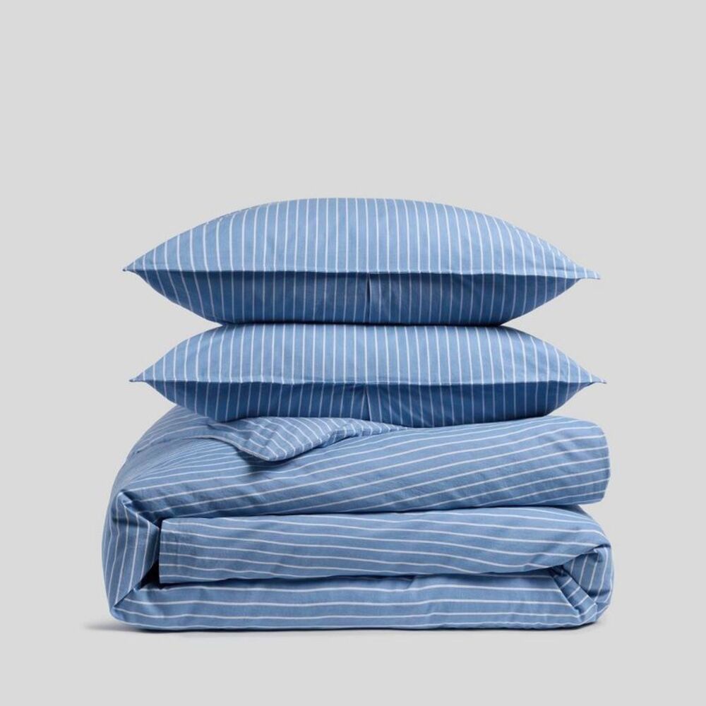 King/Cal King Organic Cotton Narrow Stripe Duvet Cover Set Yacht & White